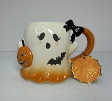 Haunted Halloween Figural Ghost Mug with Pumpkin Bat and Bow 17oz Orange White