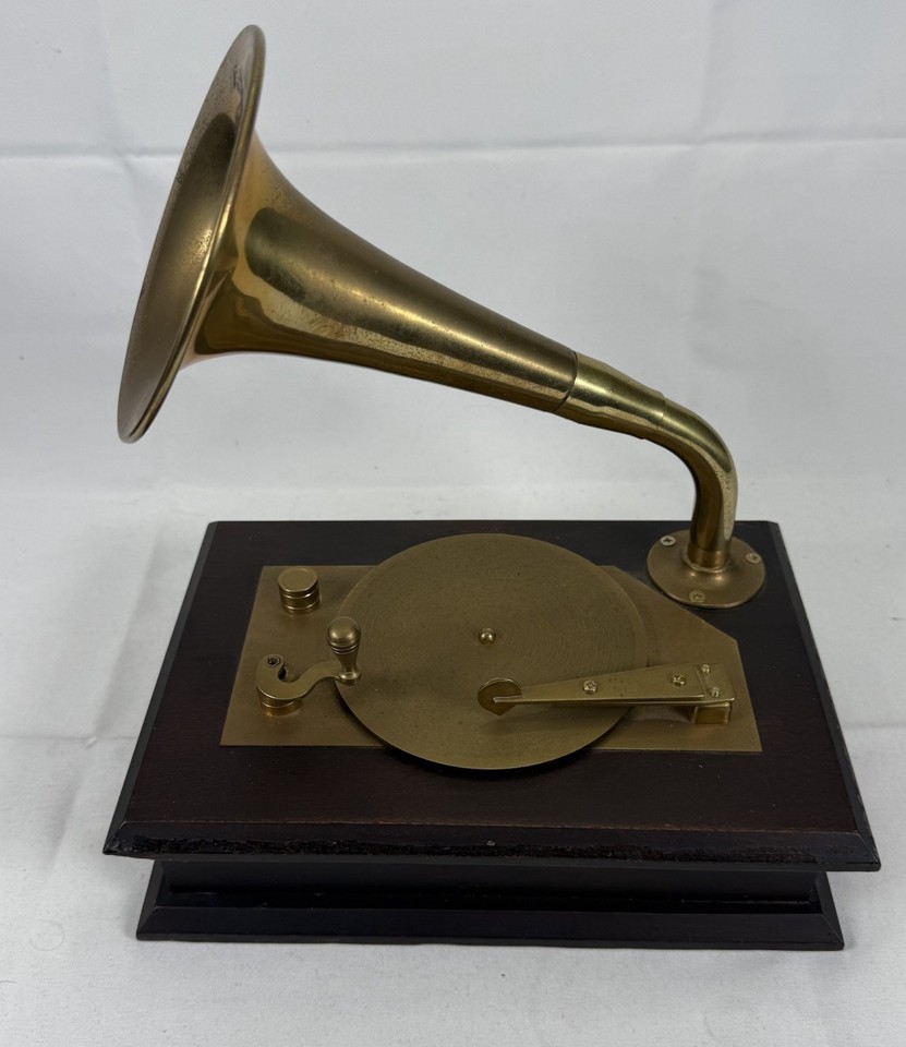 Vintage Gramophone Style Music Box Wood Brass Horn Works Decor Victorian Style