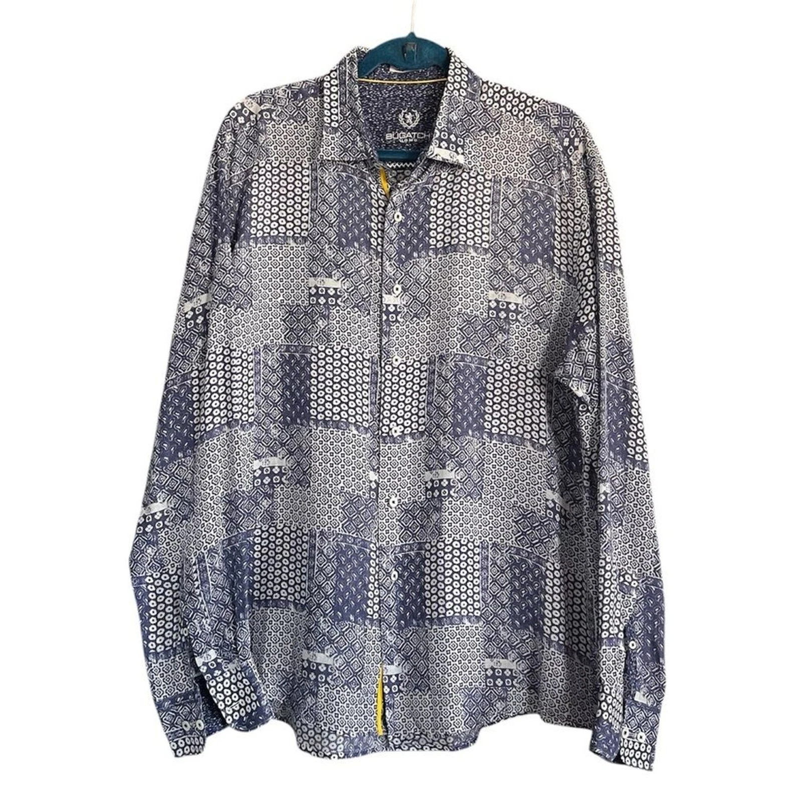 Bugatchi Men’s EUC 100% Linen Patchwork Shirt Blue White size L