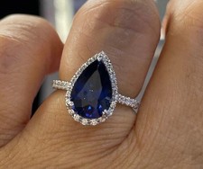 4Ct Pear Lab-Created Blue Sapphire Halo Engagement Ring 14K White Gold Plated