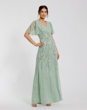 Mac Duggal Sage Green Beaded Leaves Butterfly Sleeve Gown Size 14 698