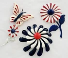4 Vintage Flower & Butterfly Enamel Brooches Red White & Blue Costume Jewelry