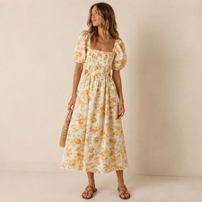 Faithfull the Brand Smocked Cutout Midi Dress NWT S