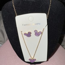 Minnie/Mickey Mouse Disney Purple Stud Earrings  Necklace Jewelry Set