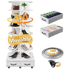 8-Tier Rotating Shoe Rack with 2 Drawers & 5 Wheels - 360° Storage Carousel