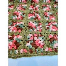 Handmade Vintage Crochet Granny Square Afghan Blanket Green Pink Brown 60x38