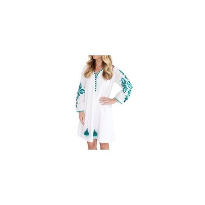 New Bindu Nordstrom M Boho Embroidered Tunic Mini Dress White Aqua Teal 