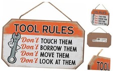 Tool Rules Hanging Wood Wall Decor - Funny Tools Sign for Workshop or Garage -