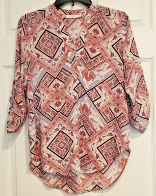 LUSH Multicolor Tunic Blouse 3/4 Roll Tab Sleeve Split Neck Boho Women's Size XS