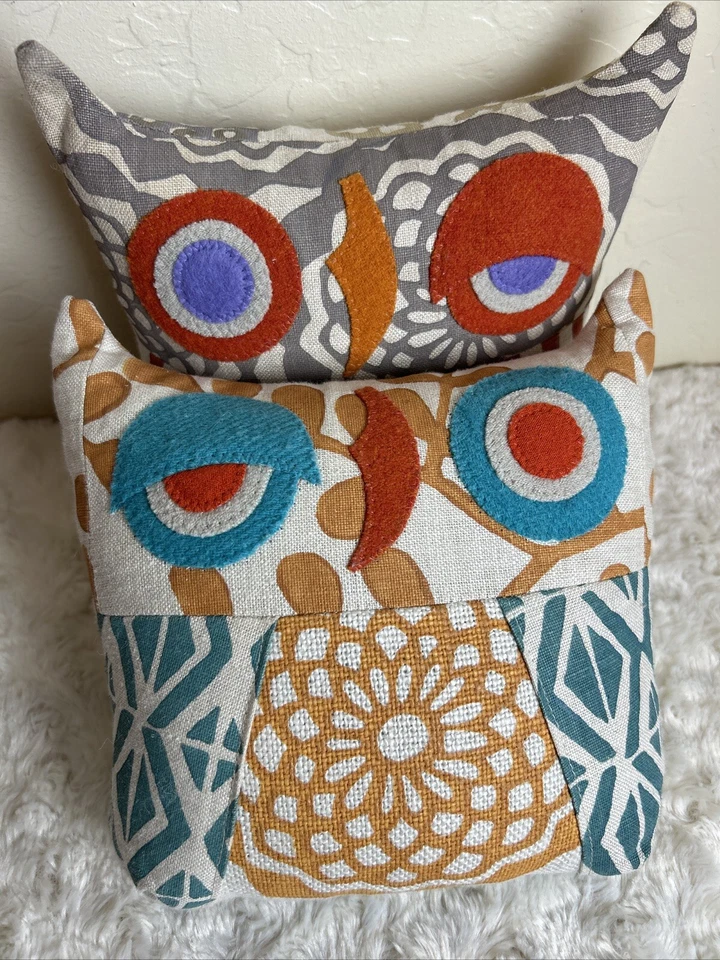 2 Malagueta Patchwork  Owl Shaped Multicolor Pillows 8”x 8” Stuffed Plush - Image 3 of 4