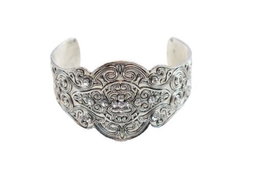 Ornate Filigree Scroll Rhinestone Bracelet Silver Metal Cuff Boho Fashion - Picture 1 of 5