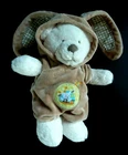 766. NICOTOY BEAR ECRU HOODED BLANKET RABBIT GINGHAM EARS ROUND NEW*