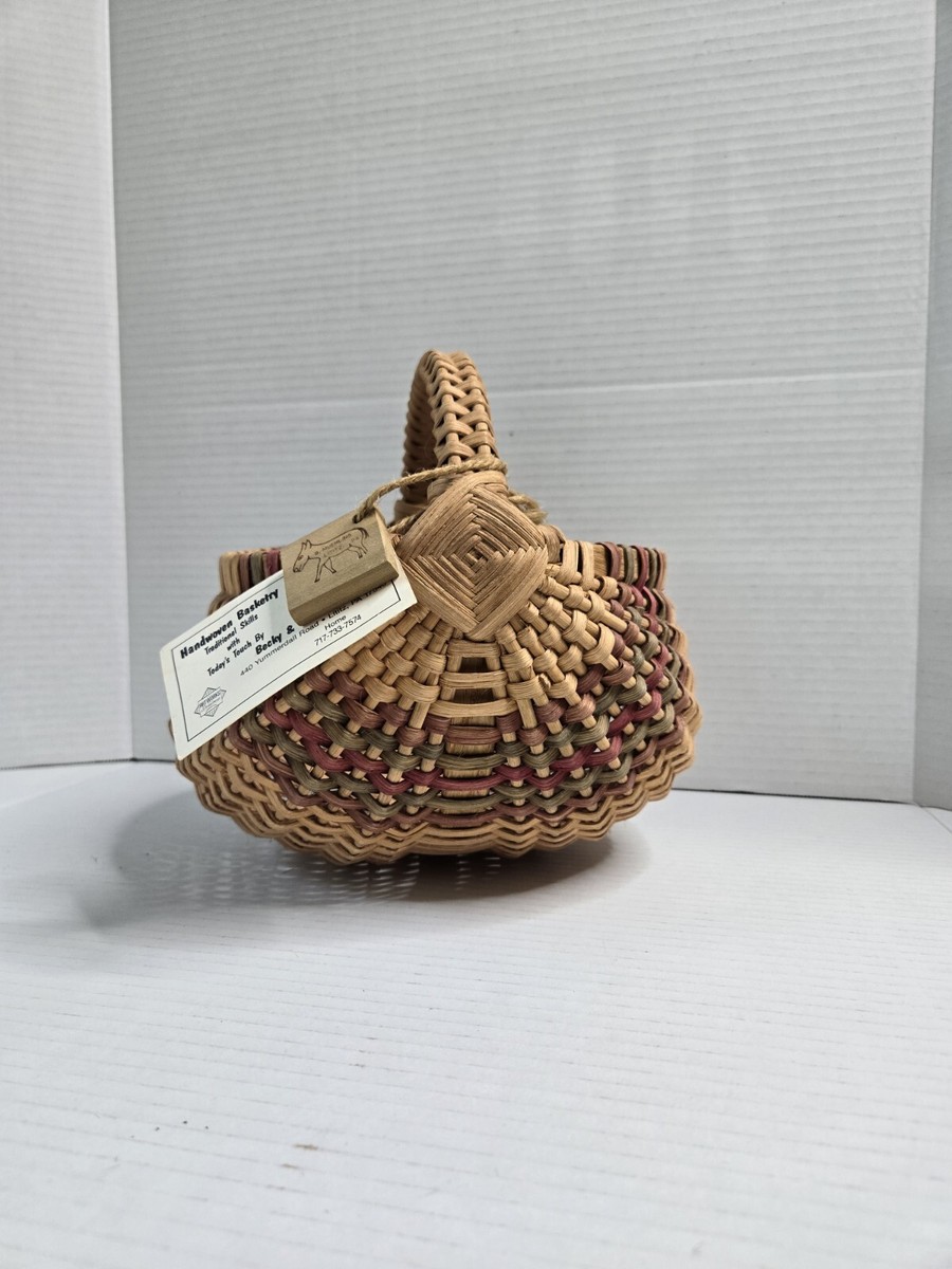Vintage Hand Woven Splint Striped Egg Basket By Becky & Bill