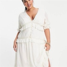 Asos Design Button Through Lace Tiered Midi Dress 14 Cottagecore Bridgerton Boho