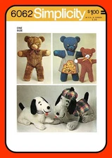 Stuffed Animal Pattern DOG Teddy Bear w Clothes Toy Simplicity 6062 Vtg 1973
