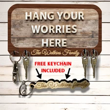 Personalized Hang Your Worries Here Key Rack Rustic Entryway Wall Organizer Gift