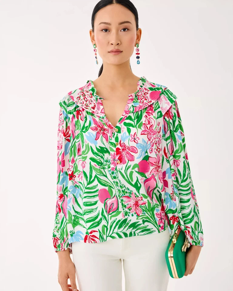 Nuevo con etiquetas Top Lilly Pulitzer Japhia Manga Larga Multi Brillantes Jardines, ¡Elige la Talla! Foto 2 de 4