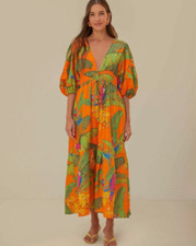 Farm Rio Fresh Macaws Puff-Sleeve Maxi Dress Orange M $290 NWT Anthropologie