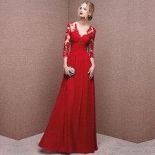 Dress Women V Neck Lace Fashion High Waist Long Sleeves Full Length Dress Party