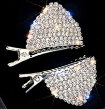 Crystal cat ears alligator clip hair barrettes SPARKLE clear rhinestones CUTE
