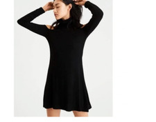 AEO Size Small Black Soft Sexy Cold Shoulder Long Sleeve Plush Sweater Dress