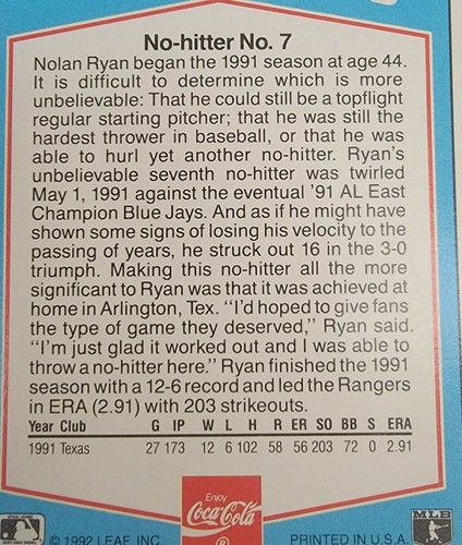 Nolan Ryan Coca~Cola 1992 Career Series Card #25 of 26 - Picture 7 of 9