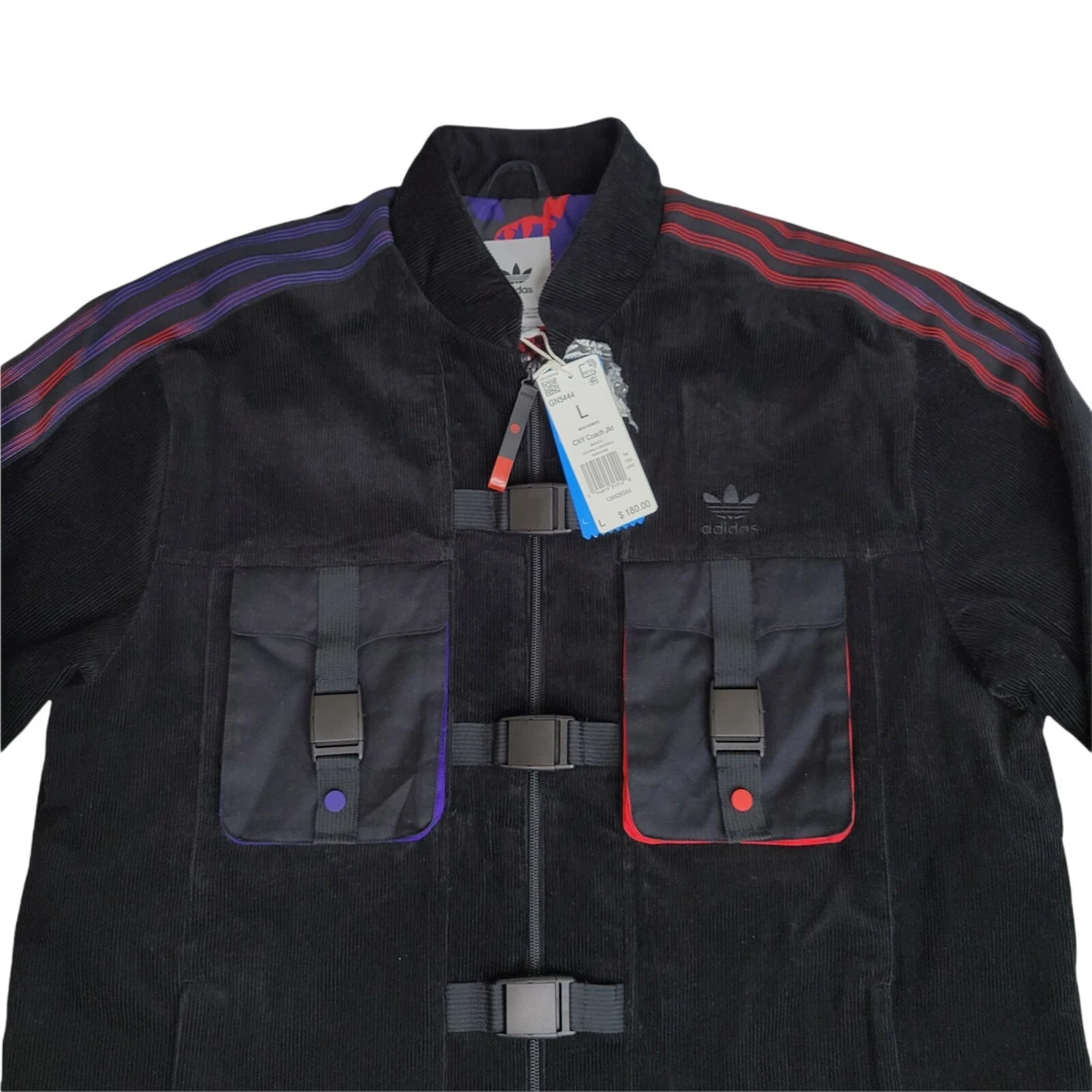 Adidas Mens Large CNY Coach Corduroy Black/Scarlet Full Zip Buckle Jacket  GN5444