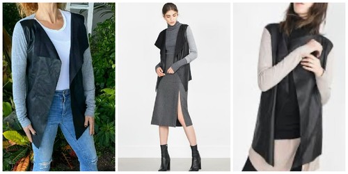 Zara Knit Black Gray Color Block Faux Leather Drape Jacket Cardigan Sweater S❤️