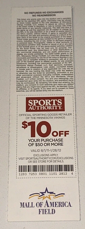 Boleto de los Vikings Raiders NFL Mall of America Field Game 20/11/2011 MN Foto 2 de 2