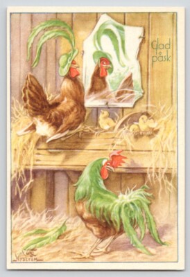 1930s Sweden Easter Postcard Curt Nystrom Rooster Sees Chicken in Big Hat Primp