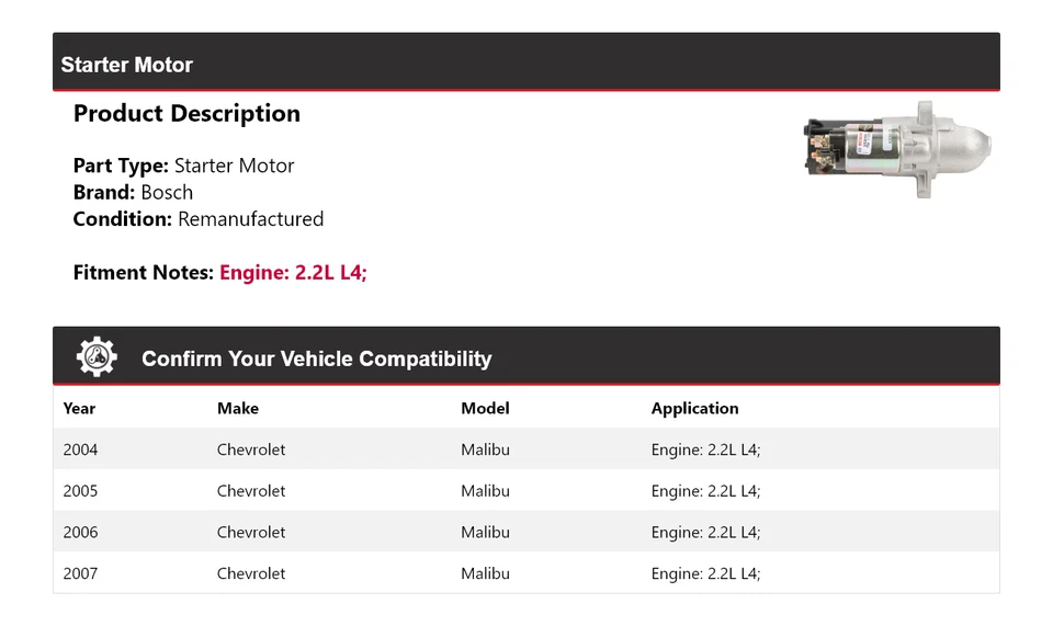 Arranque Bosch 2,2 L L4 2004-2007 Chevrolet Malibu (remanufacturado) 2005 2006 Foto 2 de 4