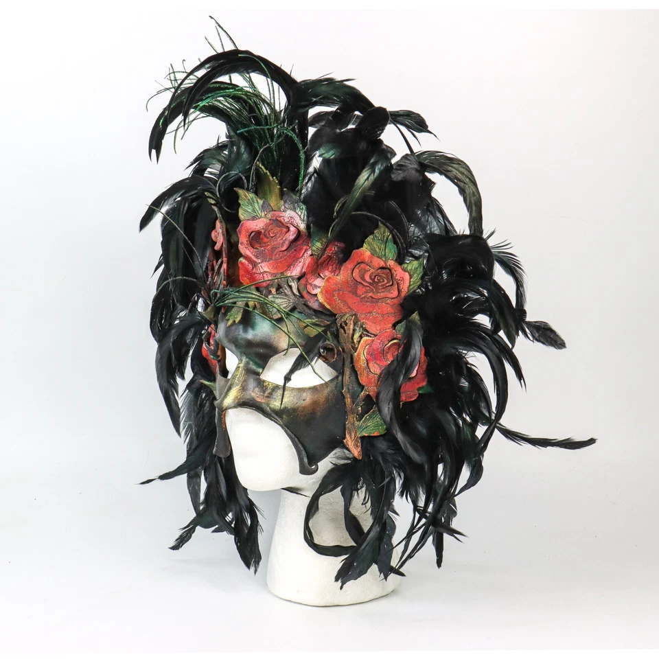 ArtsMyths Studio Large Leather and Feather Half Mask with Red Roses Masquerade - Image 3 of 4