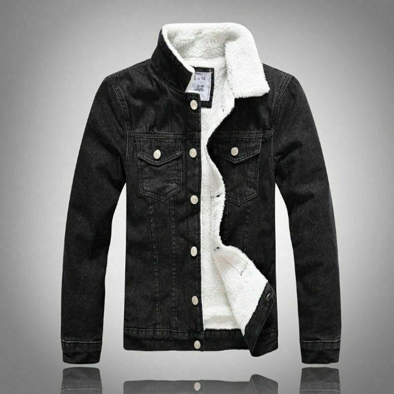 Black jeans jacket with fur sales