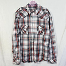 BKE Pearl Snap Shirt Mens Sz L Red/Grey Plaid Athletic Fit LS Western Button Up