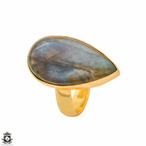 Size 6.5 - Size 8 Adjustable Blue Labradorite 24K Gold Plated Ring GPR1290 - Picture 1 of 10