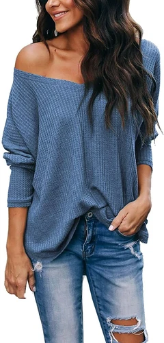 iGENJUN Women's Casual V-Neck Off-Shoulder Batwing Sleeve Pullover Sweater Tops - Picture 77 of 94