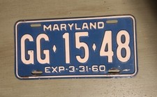 Vintage 1960 Maryland License Plate GG &bull; 15 &bull; 48 White On Blue