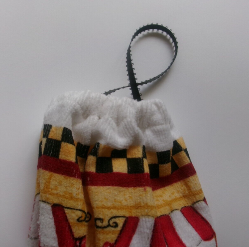 Chef Print grocery-plastic bag holder with ribbon hanger crochet bottom bow - Picture 2 of 4