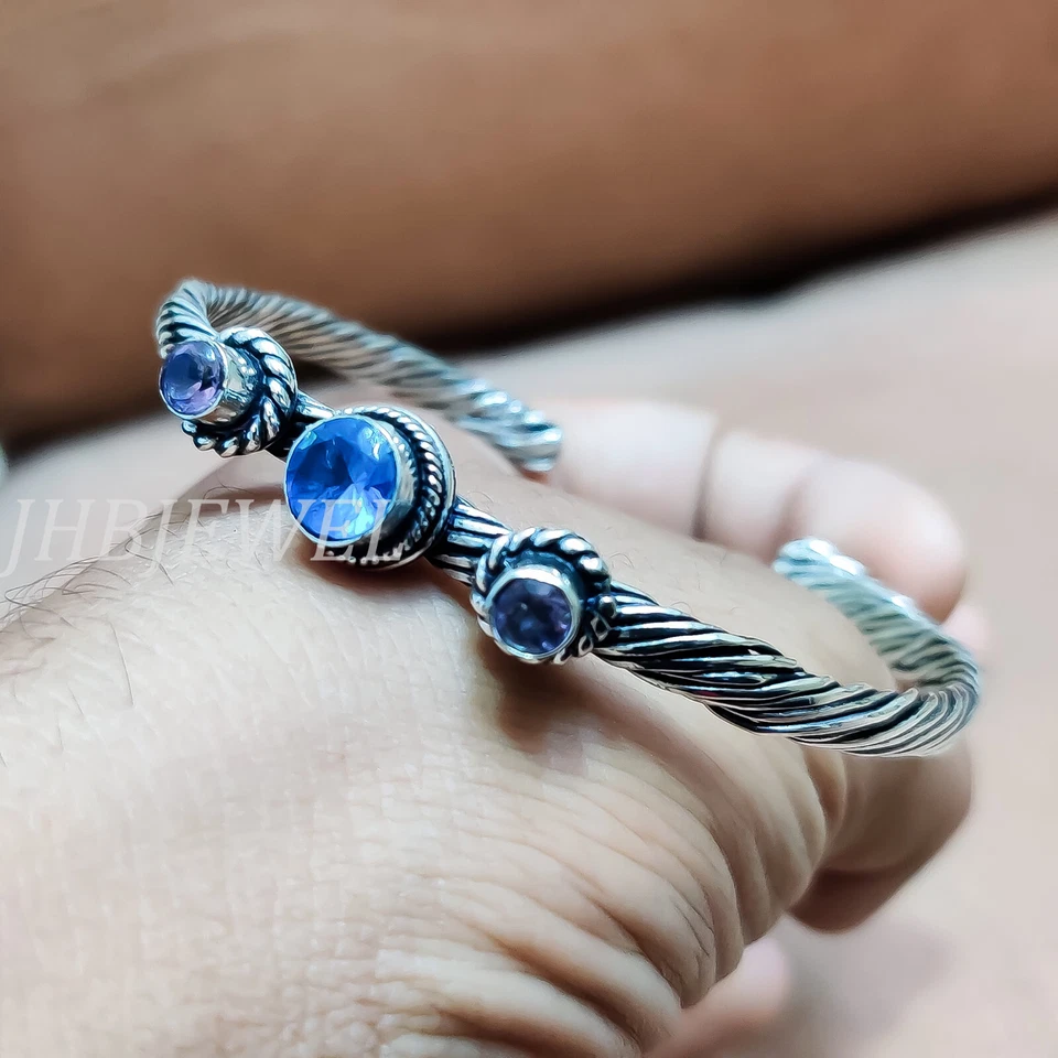 London Blue Topaz & Amethyst Gemstone 925 Sterling Silver Men's Gift Bangle Cuff - Image 2 of 4