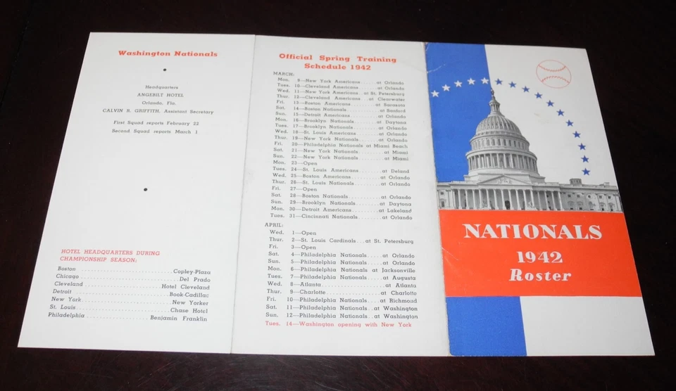 1942 Baseball Washington Nationals Spring Training Roster Program Schedule Guide - Image 3 of 3