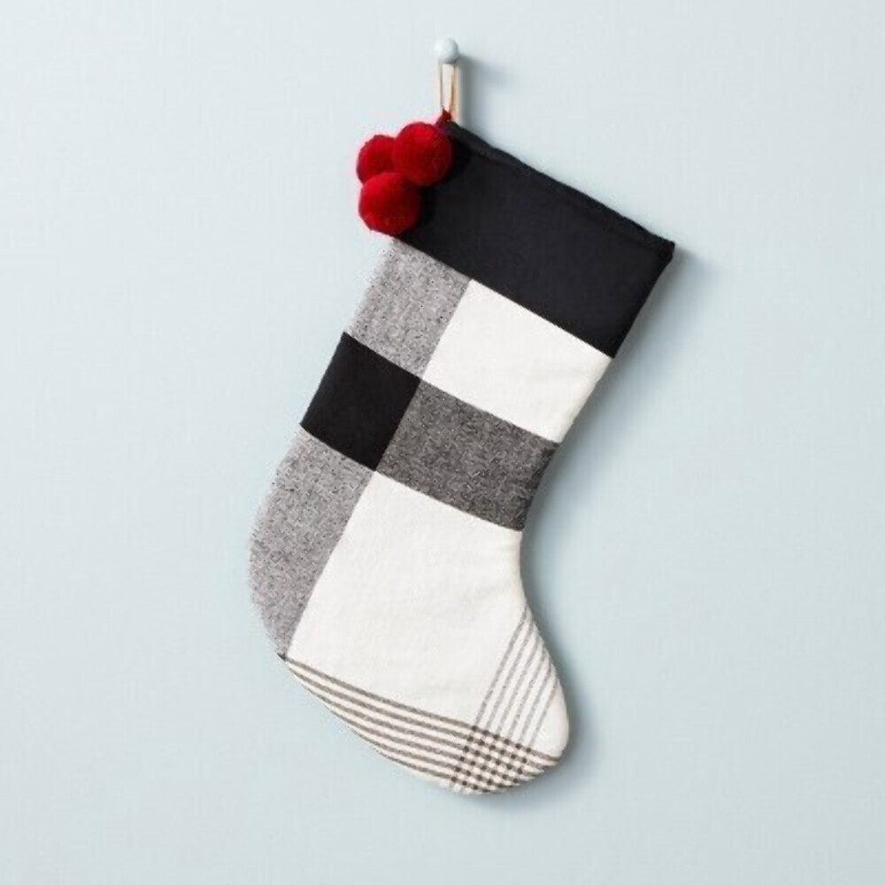 Hearth & Hand Block Plaid Poms Stocking - Black/White