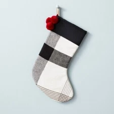 Hearth & Hand Block Plaid Poms Stocking - Black/White