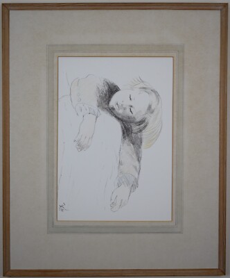 Carrying a tired child. Original drawing by listed artist Sonia Lawson RA, c1975