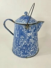 Large Blue and White Swirl Graniteware Enamelware Farmhouse Coffee Pot Kettle