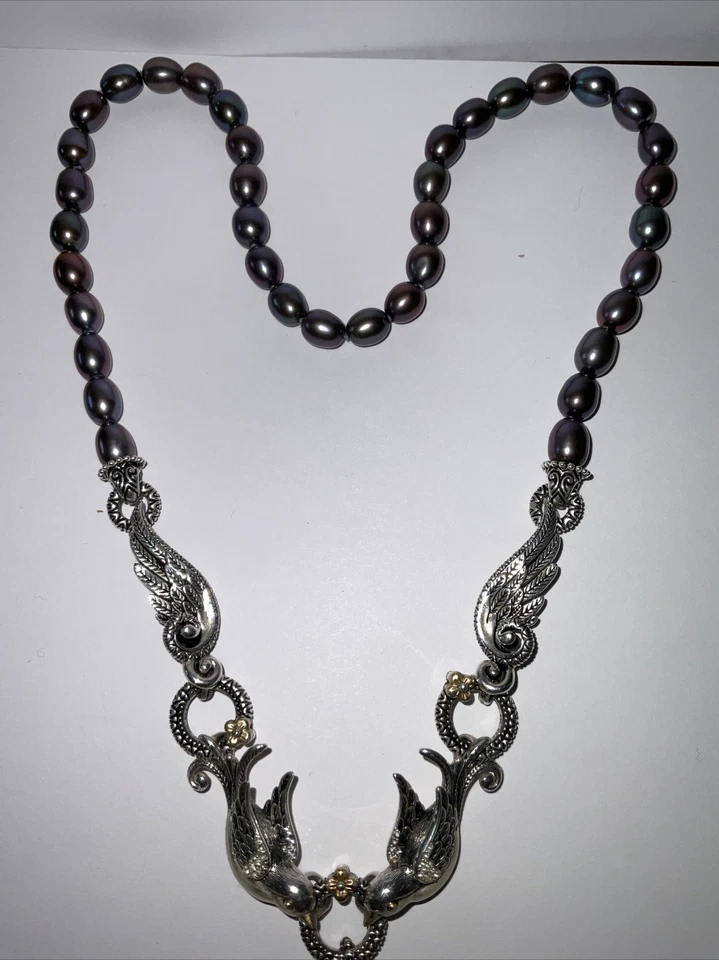 Collar Barbara Bixby Plata de Ley 18K Golondrinas Gorriones Pájaros Perla Negra Foto 4 de 4