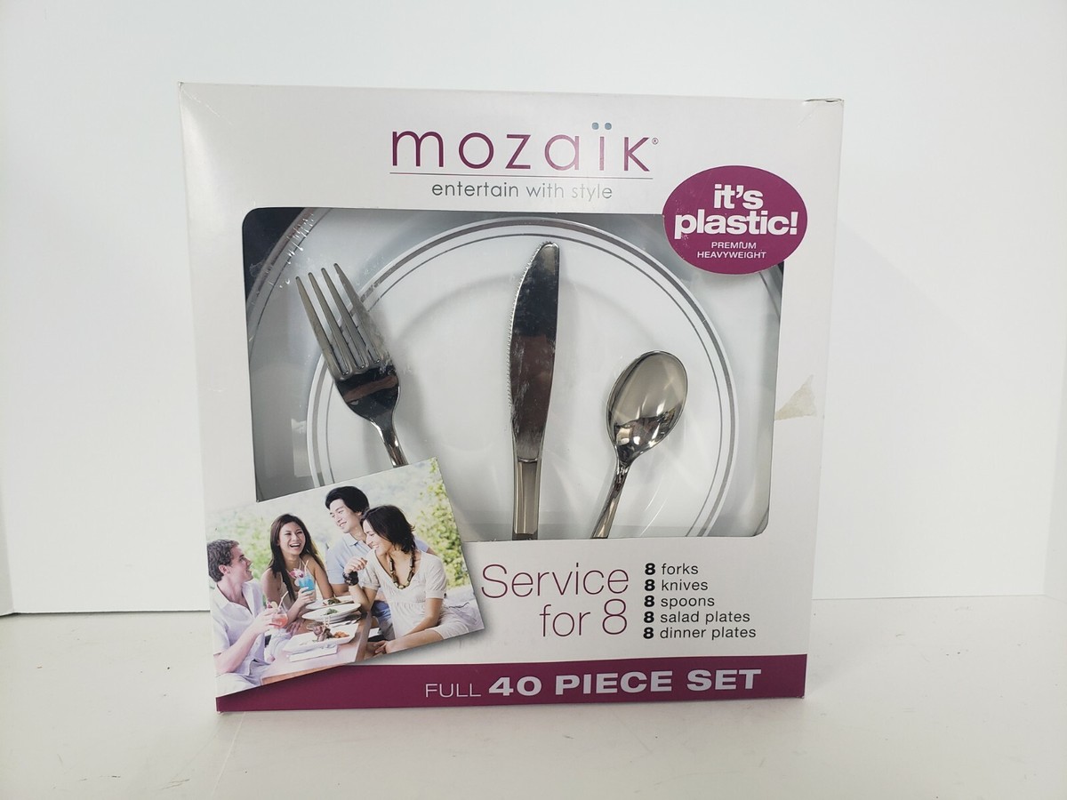Mozaik 40-Piece Plastic Party Dinnerware Set White/Silver service for