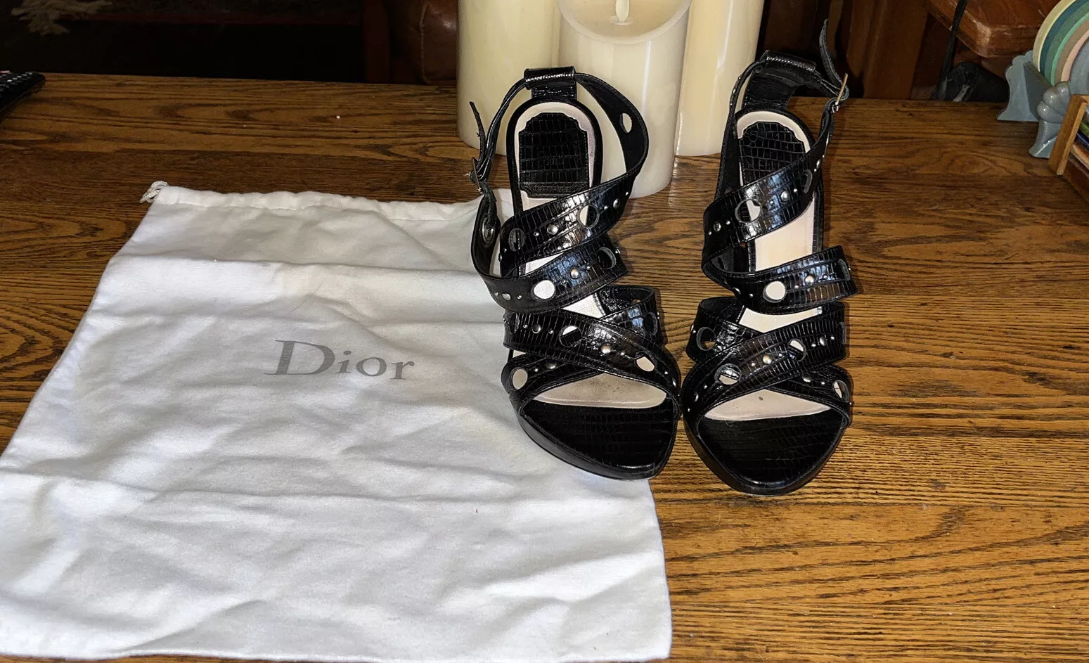 Sandales à bulles Christian Dior cuir gaufré lézard noir 36,5 6 talons à lanières