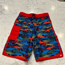 NWT Lands End Deep Sea Navy Shark Print Swim Trunks Shorts Size XL Youth 14S/16S