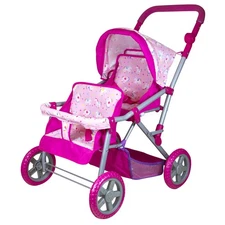 Lissi: Twin Baby Doll Pram - Hot Pink Unicorn - Foldable Stroller Accessory