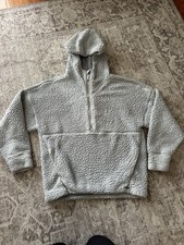 Women's Gray Fleece Pullover Hoodie, 1/2 Zip, Hooded, Pockets, Long Sleeve